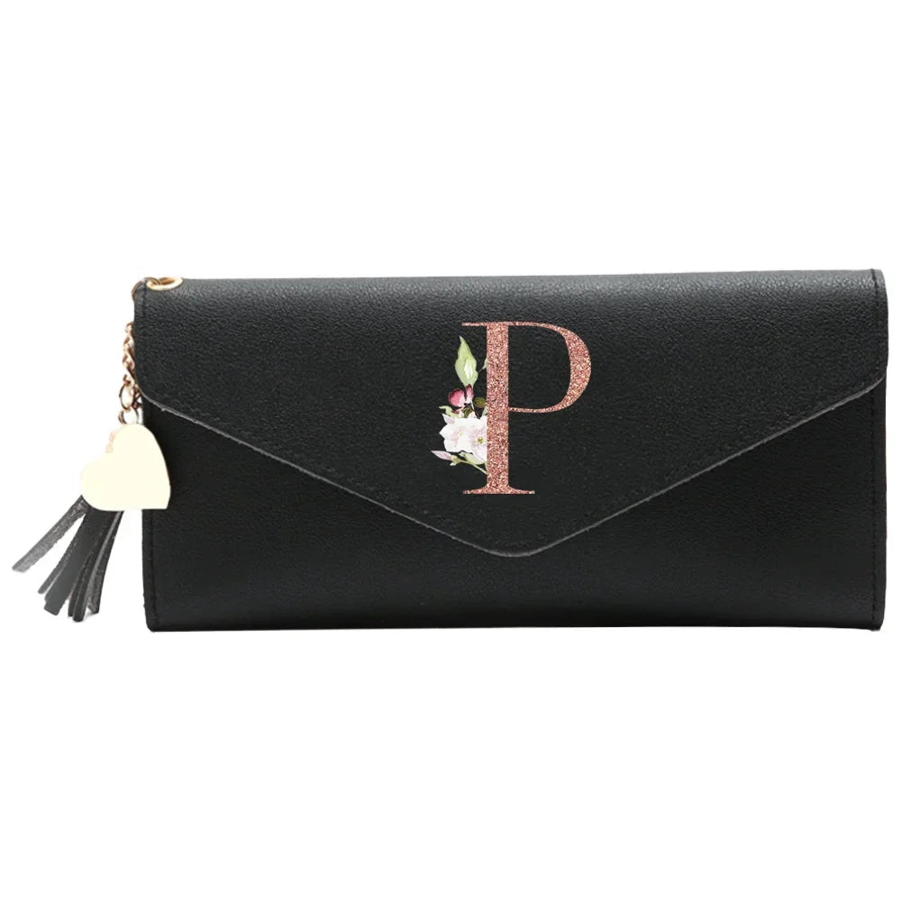 Wallet Black Small Leather Coin Purse Rfid Blocking Wallet Rose Gold Pattern Mini Purse with ID Window for Women Good Vibrations