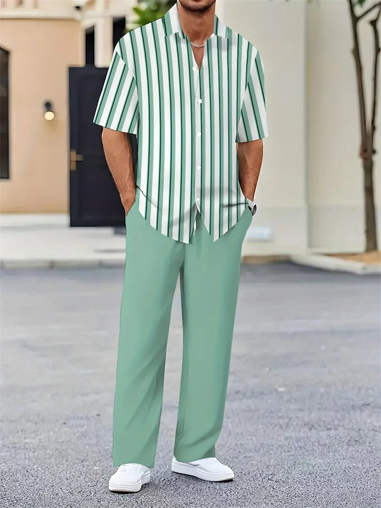 2025 Autumn Geometric Color Block Printed Short-sleeved Set, 2pcs Daily Casual And Loose Men's Shirt Set, Casual And Fashionable Good Vibrations