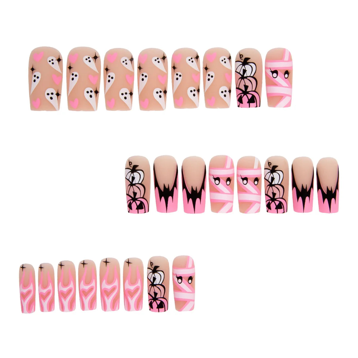 24pcs Gradient Pink French Style Press On Nails Cute Bandage Ghost Pumpkin Printed Halloween Fake Nails Medium Coffin False Nail Good Vibrations