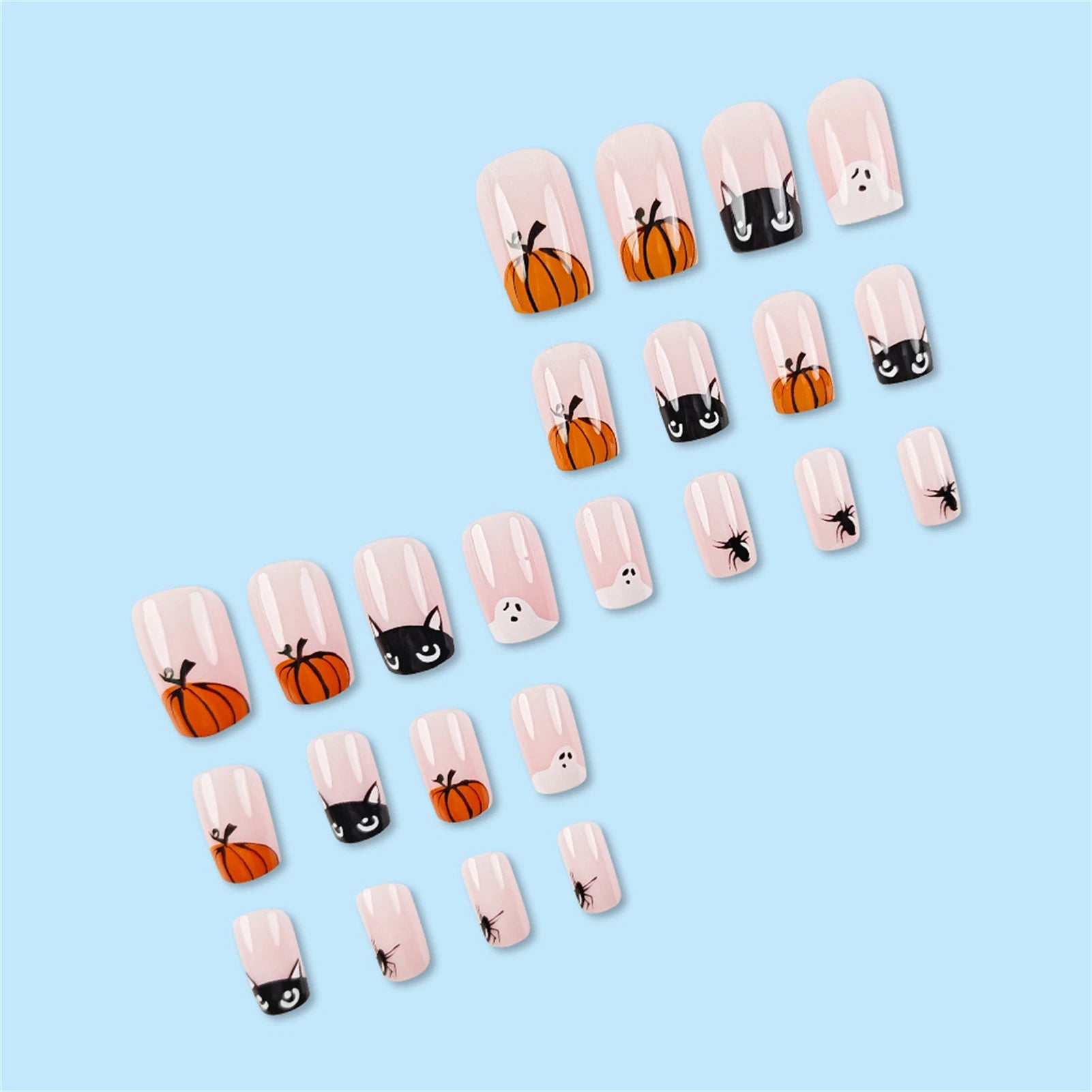 24pcs Halloween Cute Cartoon French Fake Nails Nude Pink Square Press On Nails With Pumpkin Ghost Designs Professional Nail Art Good Vibrations