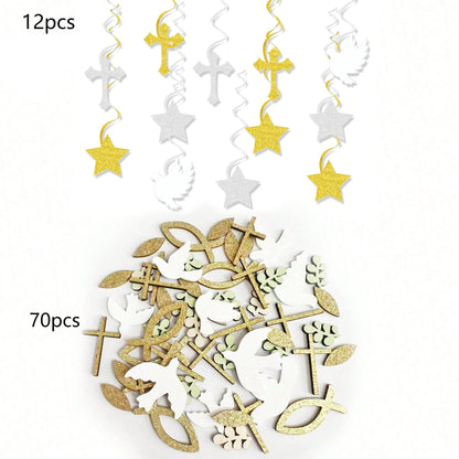 Religious Party Decor Set First Communion Baptism Hanging Swirls & Wooden Confetti Cross Dove Star for Christian Party Supplies Good Vibrations