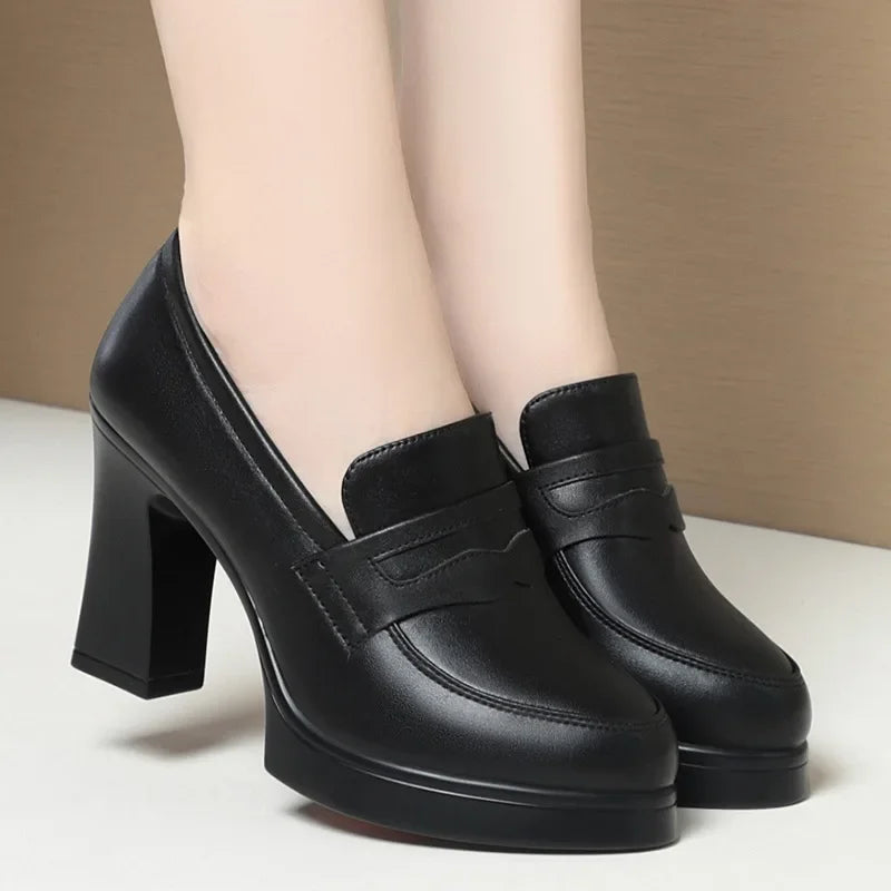 High Heels for Women 2025 Spring Slip on Pointed Toe Platform Heels Chunky Loafers Woman Black PU Leather Uniform College Shoes Good Vibrations