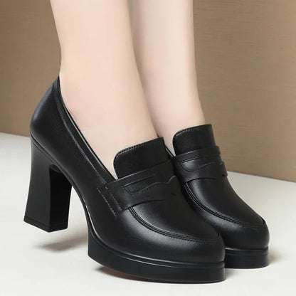 High Heels for Women 2025 Spring Slip on Pointed Toe Platform Heels Chunky Loafers Woman Black PU Leather Uniform College Shoes Good Vibrations