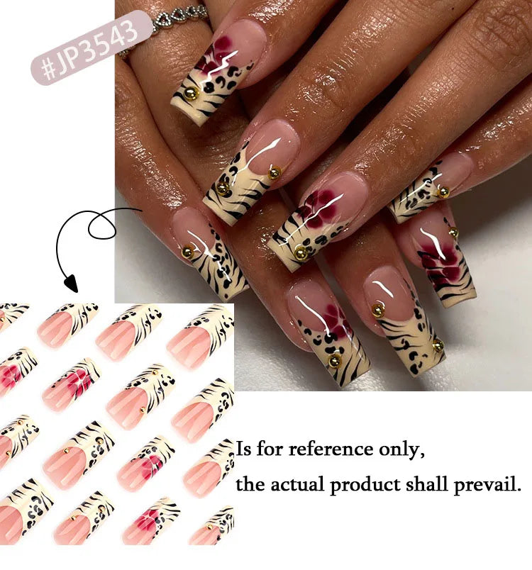 Black Leopard Print Light Yellow French Red Flowers Fake Nails Fashion Detachable Finished False Nails Press on Nails with Glue Good Vibrations