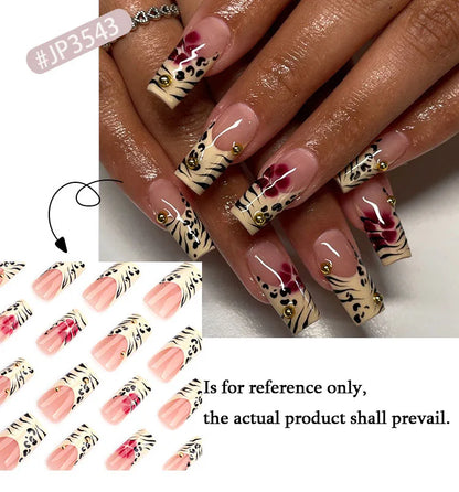 Black Leopard Print Light Yellow French Red Flowers Fake Nails Fashion Detachable Finished False Nails Press on Nails with Glue Good Vibrations