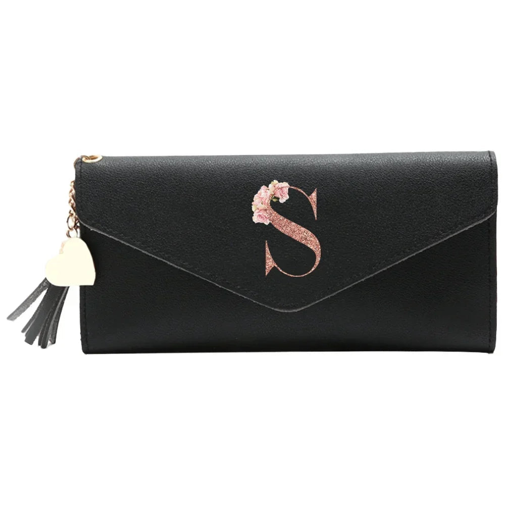 Wallet Black Small Leather Coin Purse Rfid Blocking Wallet Rose Gold Pattern Mini Purse with ID Window for Women Good Vibrations