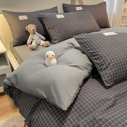 European Bedding Set with Checkered Print Comfortable Breathable Fitted Sheet Duvet Cover Pillowcase Single Queen Size Bed Linen Good Vibrations