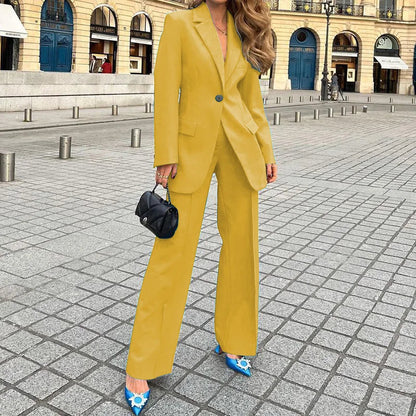 Women Single Button Suit Stylish Women's Formal Business Suit Lapel Coat Wide Leg Pants Set For Office Lady Elegant Solid Color Good Vibrations