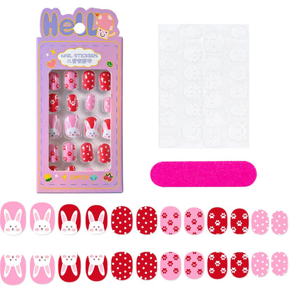 24Pcs/box Kids nails for Girl Cartoon Pattern False Nail Cute Child Fake Nails Tips Kawaii Acrylic Artificial Press on Nail+Tool Good Vibrations