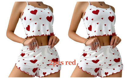 Women's Pajamas Set Sleepwear 2 PCS Short Tank Tops And Shorts S M L White Ventilate Soft Casual Love Printing Good Vibrations