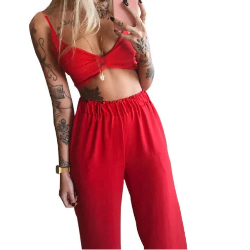 Sexy Two Piece Set Women Outfit 2025 Summer Butterfly Print V-Neck Cropped Top High Waist Drawstring Casual Wide Leg Pants Sets Good Vibrations