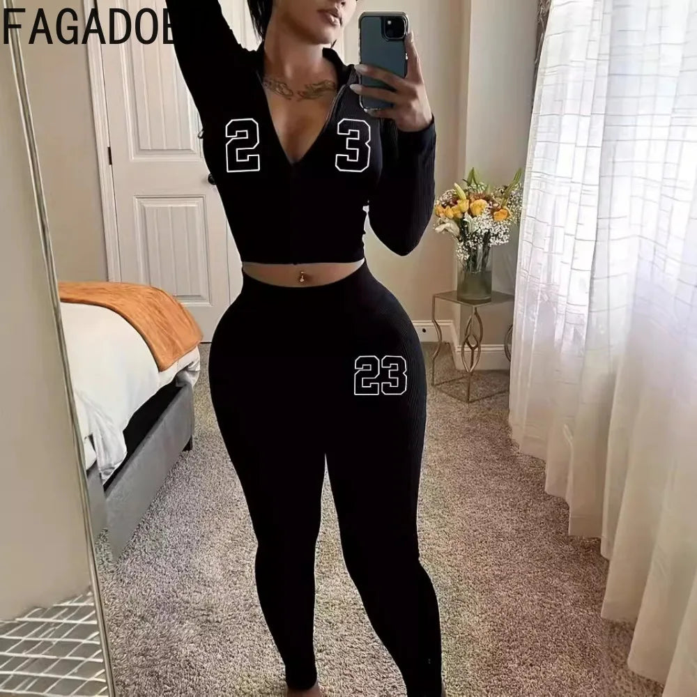 FAGADOER Letter Print Casual 2 Piece Sets Outfit Black Long Sleeve Zip Crop Top and Leggings Suit Sporty Jogger Street Wear Fall Good Vibrations