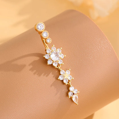 Gold Color Stainless Steel Belly Button Ring Long Dangled Flower CZ Crystal Navel Belly Piercing Rings for Women Sexy Jewelry Good Vibrations Adult Super Store