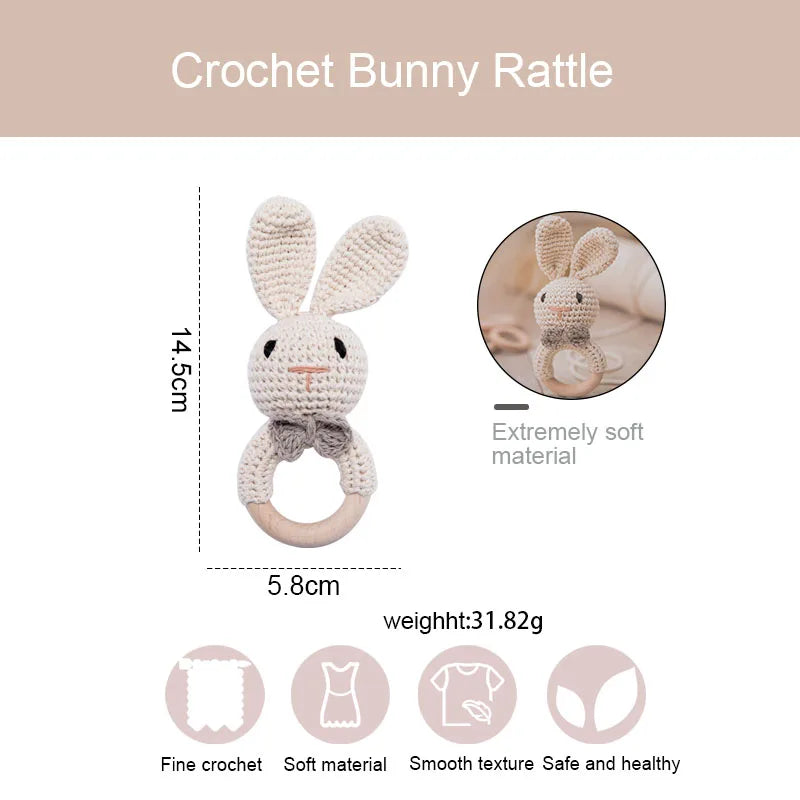 Baby Crochet Rattle Wooden Teether Toy BPA Free Wood Rodent Rabbit Rattle Baby Mobile Play Gym Newborn Educational Music Toys Good Vibrations