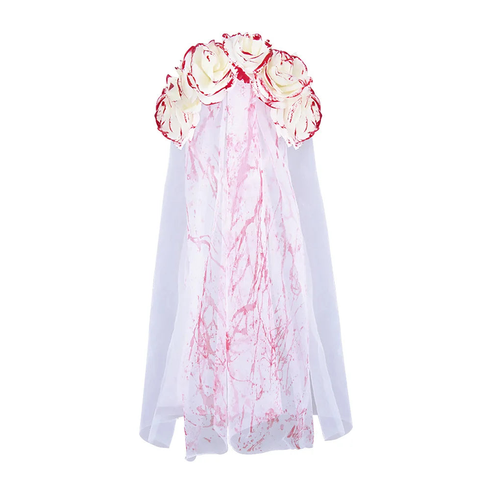 Halloween Gothic Bridal Veil Flower Headdress Bloody Mask Weird Role Playing Accessories Adult Horror Theme Party Costume Props Good Vibrations