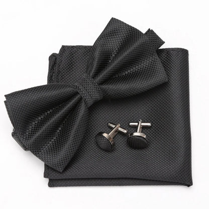 Men Bowtie Set 3pcs Plaids Classic Fashion Wedding Party Formal Cufflinks Bow Tie Handkerchief Cuff Links Lots Three Piece Set Good Vibrations
