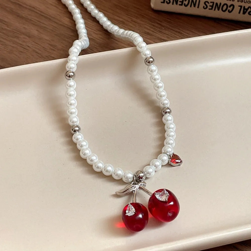 Exquisite Heart Cherry Jewelry Set Pendant Vintage Cherry Necklace Chic Elegant Crystal Ear Studs Gift Good Vibrations