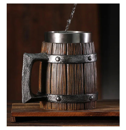 Hot-selling Wooden Barrel Beer mug , Large-capacity  Coffee mug Water bottle ,Tazas de café with stainless steel Good Vibrations