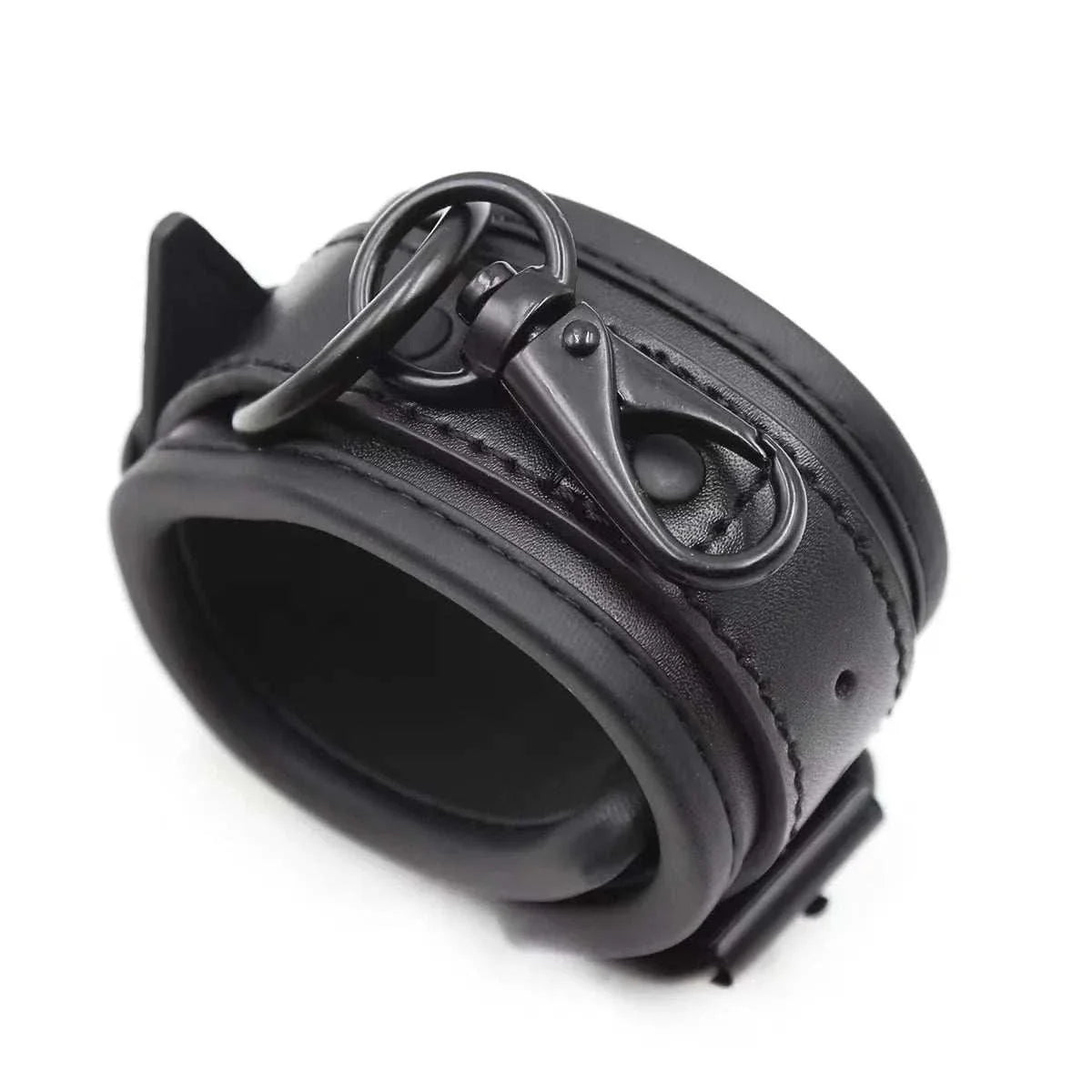 SM erotic leather handcuff with footcuffs and buckles for BDSM set, black.