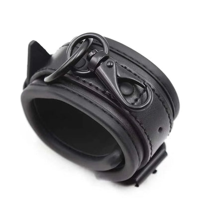 SM erotic leather handcuff with footcuffs and buckles for BDSM set, black.