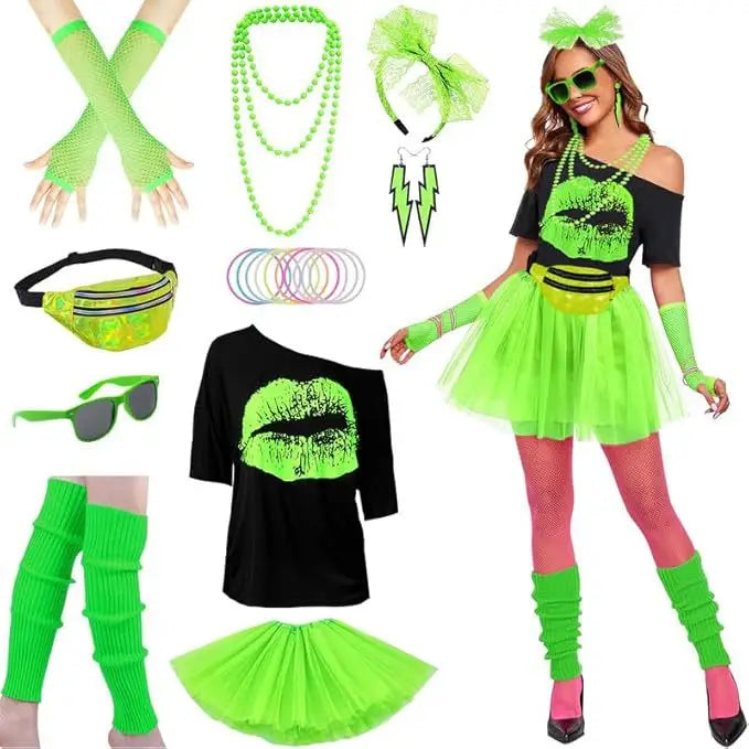 Women 80s Vintage Outfit Drop Shoulder Tee Tutu Skirt Waist Bag Necklace Earrings Bracelet Ankle Socks Costume Set Good Vibrations