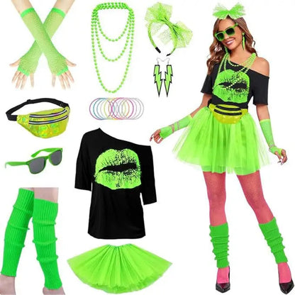 Women 80s Vintage Outfit Drop Shoulder Tee Tutu Skirt Waist Bag Necklace Earrings Bracelet Ankle Socks Costume Set Good Vibrations