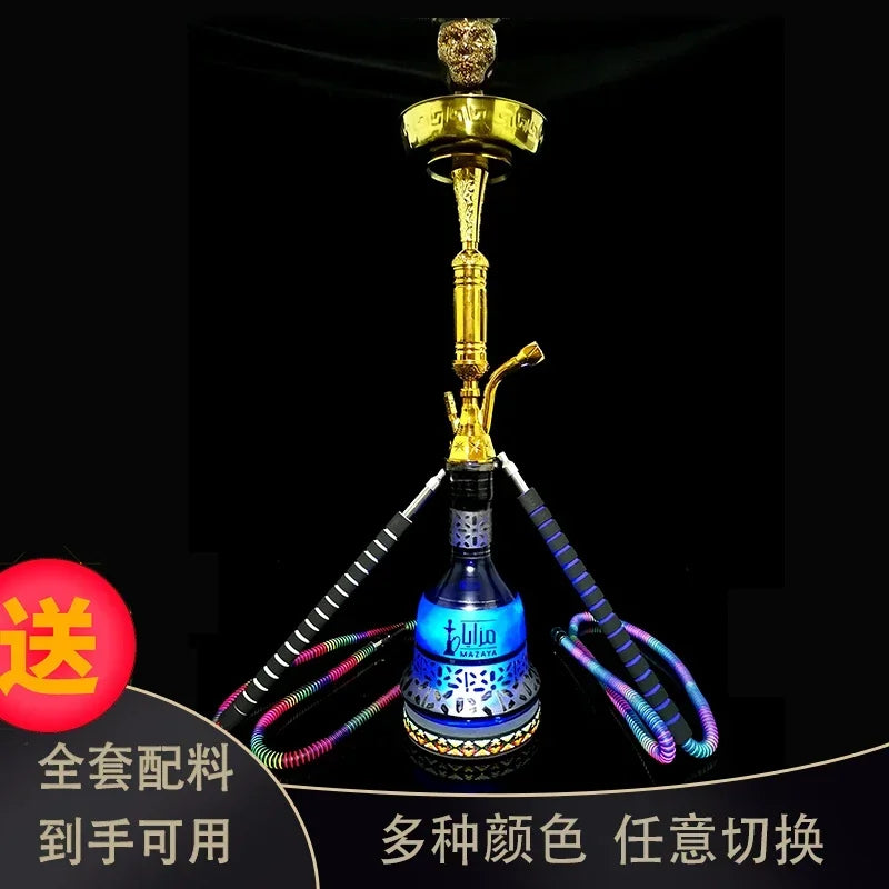 Bar KTV Large glass hookah set with colorful LED base and decorative hoses.