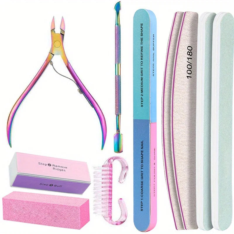 10Pcs/lot Nail Art 100/180 Grit Professional Files Buffer Sponge Block Brush Nail Scissors Kit With Cuticle Nipper Pushers Good Vibrations