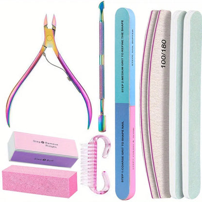10Pcs/lot Nail Art 100/180 Grit Professional Files Buffer Sponge Block Brush Nail Scissors Kit With Cuticle Nipper Pushers Good Vibrations