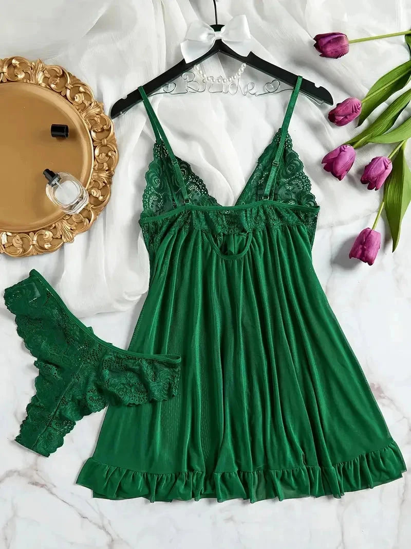 Soft Sheer Nighty Pajamas Hotselling Nightgowns Dark Green Halter Dress Women Sleepwear Sexy Bra Plus Size Nightdress Thong Sets Good Vibrations