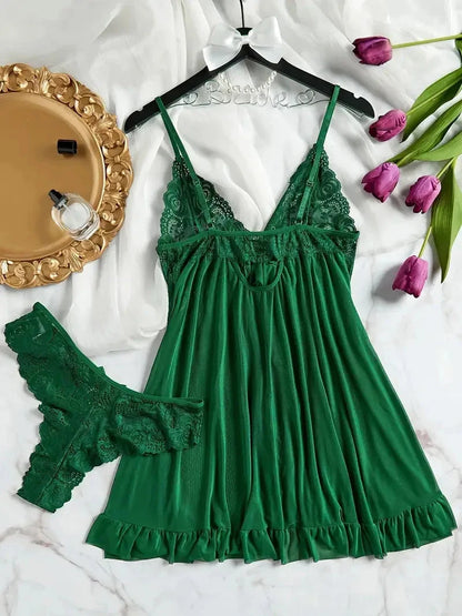 Soft Sheer Nighty Pajamas Hotselling Nightgowns Dark Green Halter Dress Women Sleepwear Sexy Bra Plus Size Nightdress Thong Sets Good Vibrations