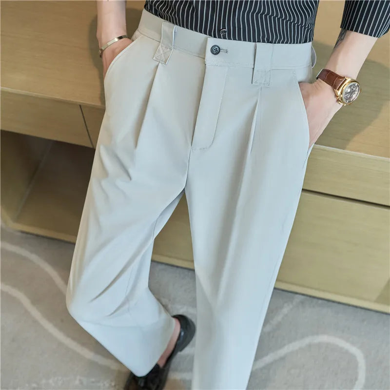 Men Straight Leg Suit Pants Summer Ice Silk Lightweight Elastic Waist Casual Loose Wide-leg Trousers Dress Pants Men Clothing Good Vibrations