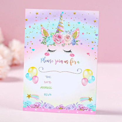 12pcs Invitation Card Unicorn Rainbow Balloon Envelope Card Girl Unicorn Theme Party Invitation Happy Birthday Party Decoration Good Vibrations