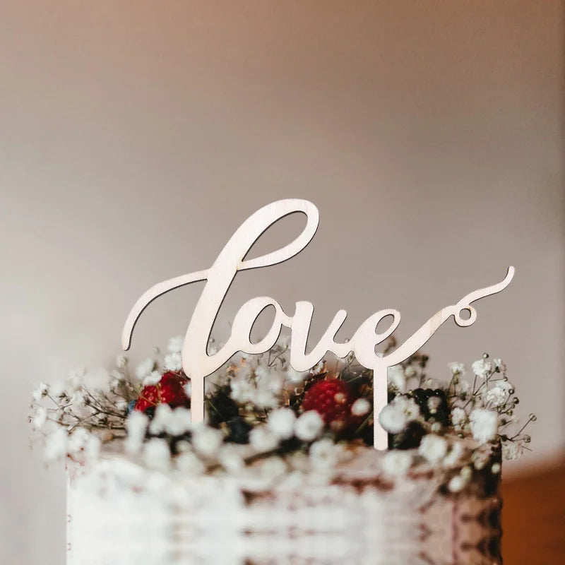 1Pcs Hollow Letter Love Just Married Mr&Mrs Cake Topper Bride and Groom Wooden Wedding Cake Topper For Wedding Party Supplies Good Vibrations