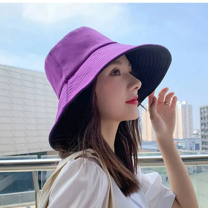 Summer Women Double-sided Bucket Hats Fashion Big Brim Foldable Solid Sun Hat Outdoor Beach Visor Caps Fisherman Cap for Travel Good Vibrations