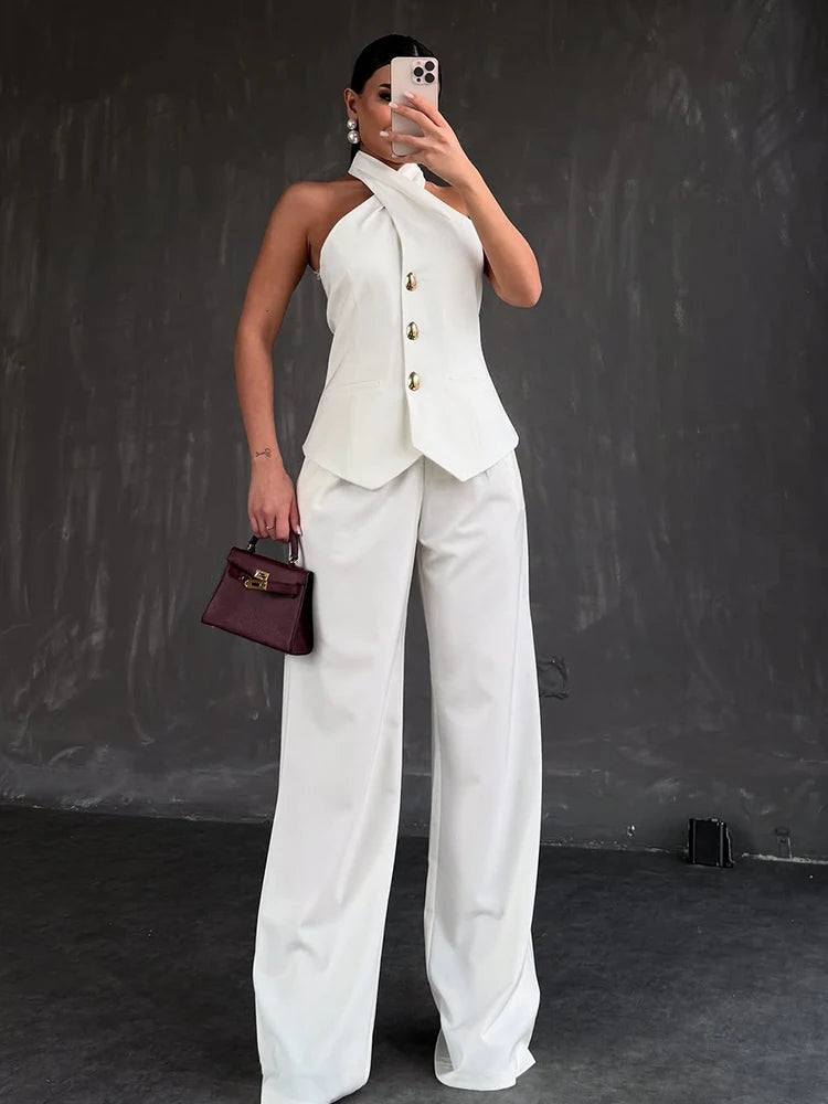 Summer Outfits for Women Halter Neck Waistcoat and High Waist Suit Pants Two Piece Set Office Wear Ladies Casual Suit Good Vibrations