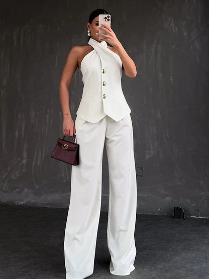 Summer Outfits for Women Halter Neck Waistcoat and High Waist Suit Pants Two Piece Set Office Wear Ladies Casual Suit Good Vibrations