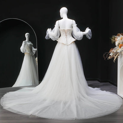 Sharon Said High Quality Boho Tulle Off White Wedding Dress 2026 Puff Sleeve Sweep Train Princess Bride Gowns SW126 Customized Good Vibrations