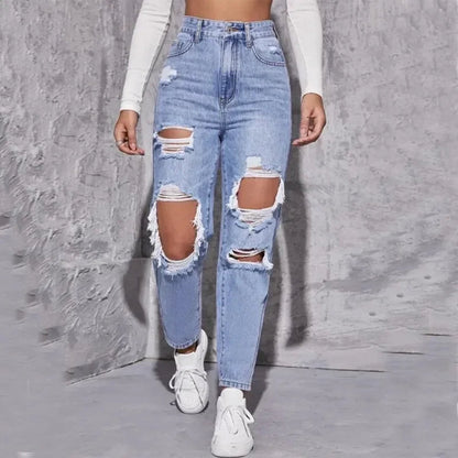 Hole High Waist Mom Jeans Women Flare Pants Denim Autumn 2025 Casual Long Streetwear Slim Fit Trousers Capris Baggy Jeans Good Vibrations