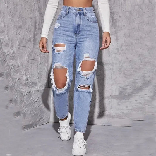 Hole High Waist Mom Jeans Women Flare Pants Denim Autumn 2025 Casual Long Streetwear Slim Fit Trousers Capris Baggy Jeans Good Vibrations