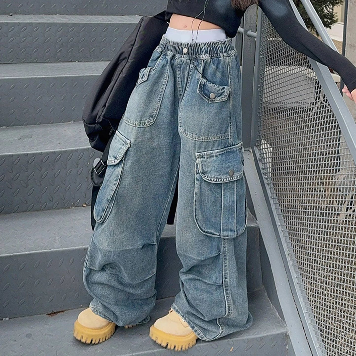 Girls Big Pocket Jeans Fashion Casual Workwear Wide Leg Pants Spring Summer Children Daily Comfy Oversized Trousers Kids Bottom Good Vibrations