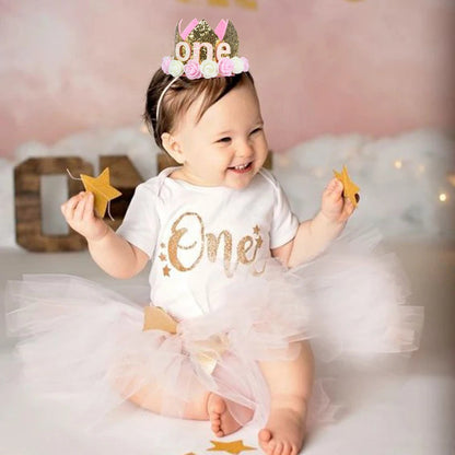 Baby Birthday Decoration Girl 1 2 3 Years Crown Hat Pink White Flower Sequins Crown 1st birthday Photo Prop Happy Birthday Gifts Good Vibrations