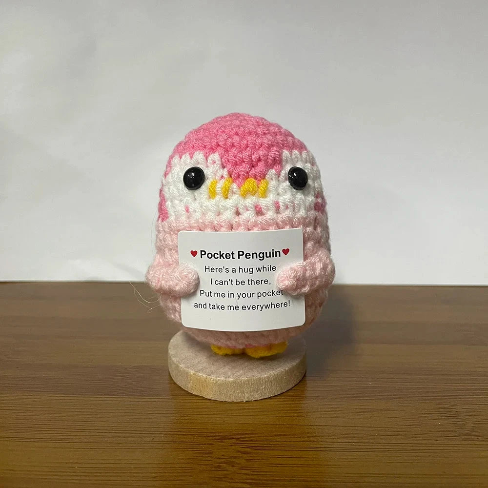 Crochet Energy Penguin Hug Pocket Mini Hand-woven Plush Wool Knitting Doll with Card Funny Christams Gift Home Room Decoration Good Vibrations