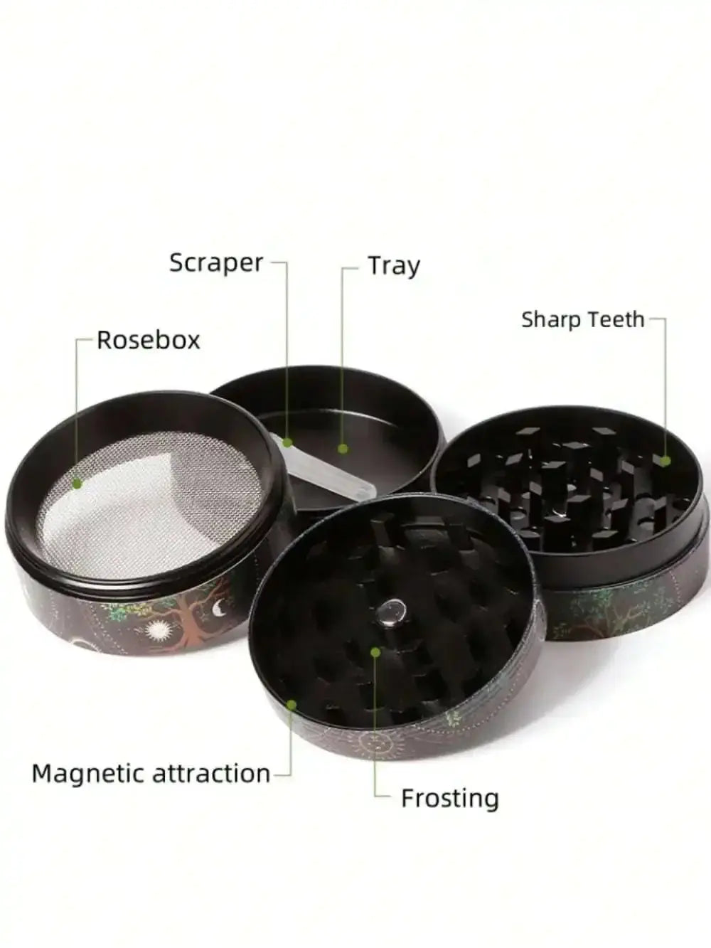 40/50mm leopard print herb grinder with 4-layer design, scraper, tray, and sharp teeth for spices and tobacco.
