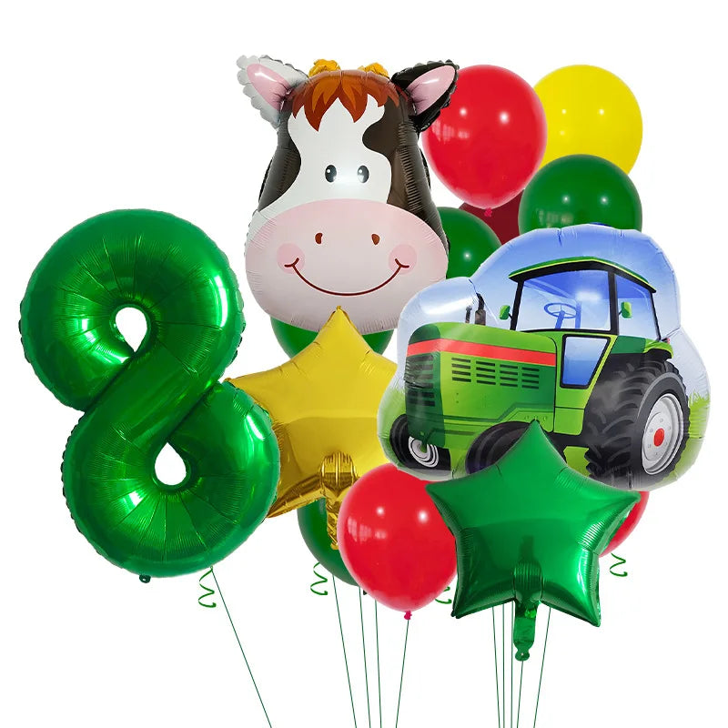 14pcs Farm Themed Tractor Milk Cow Head Balloon 32 inch Green Number Birthday Balloon Set Festive Party Decoration Birthday Gift Good Vibrations