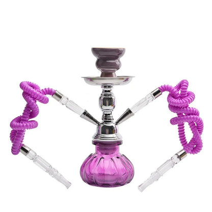 Small glass shisha pipe with purple hose and bowl set.