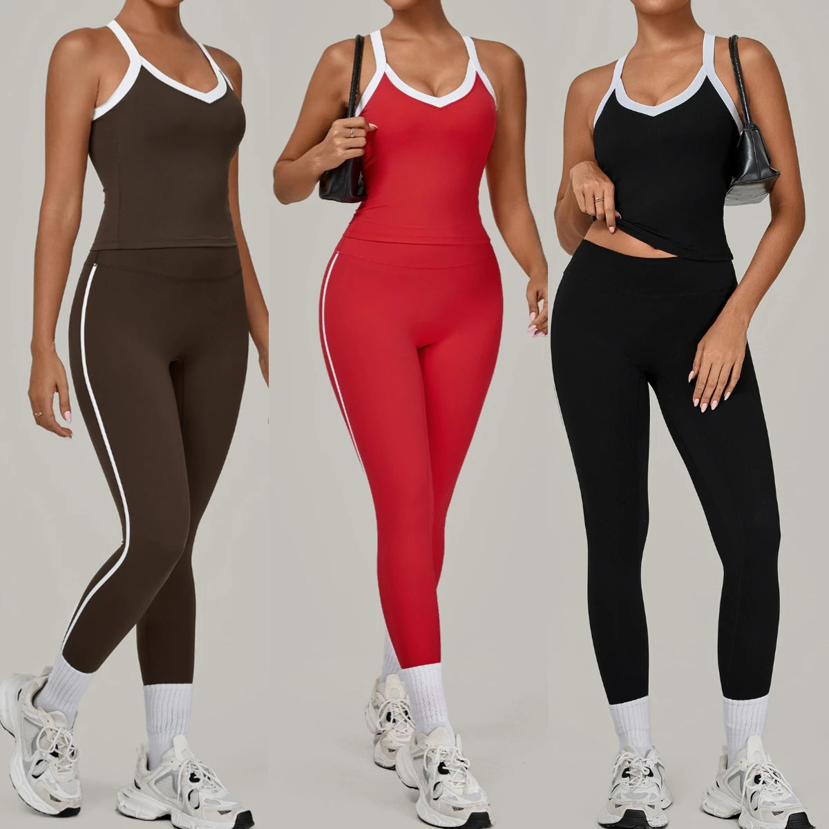 Autumn Yoga Outfit for Women V Neck Sports Tank Top Sets with Chest Pad Workout Leggings Sports Tracksuit Jogging Tights Good Vibrations