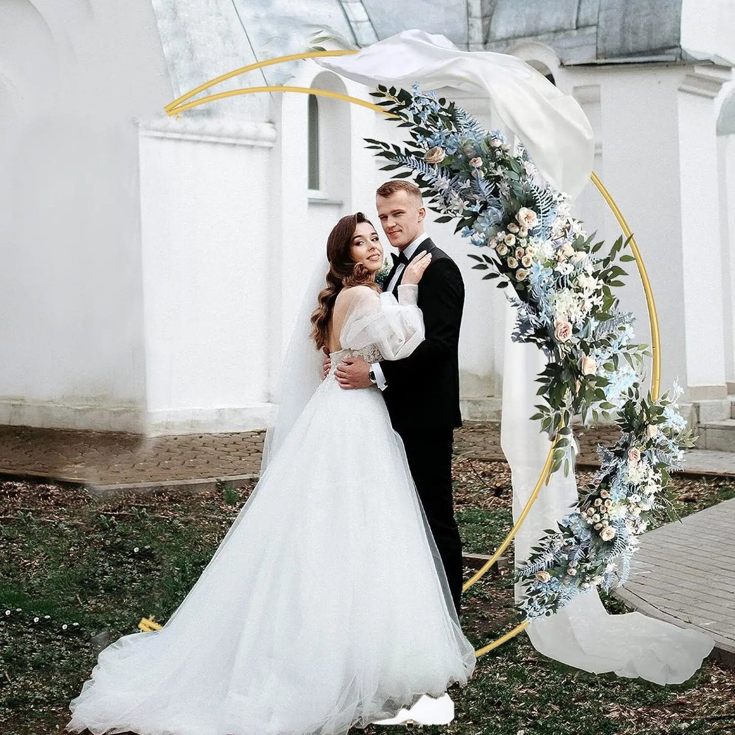 6.9ft Balloon Arch Stand Curved Wedding Arch Backdrop Stand Moon Arch for Ceremony Birthday Party(Gold) Good Vibrations