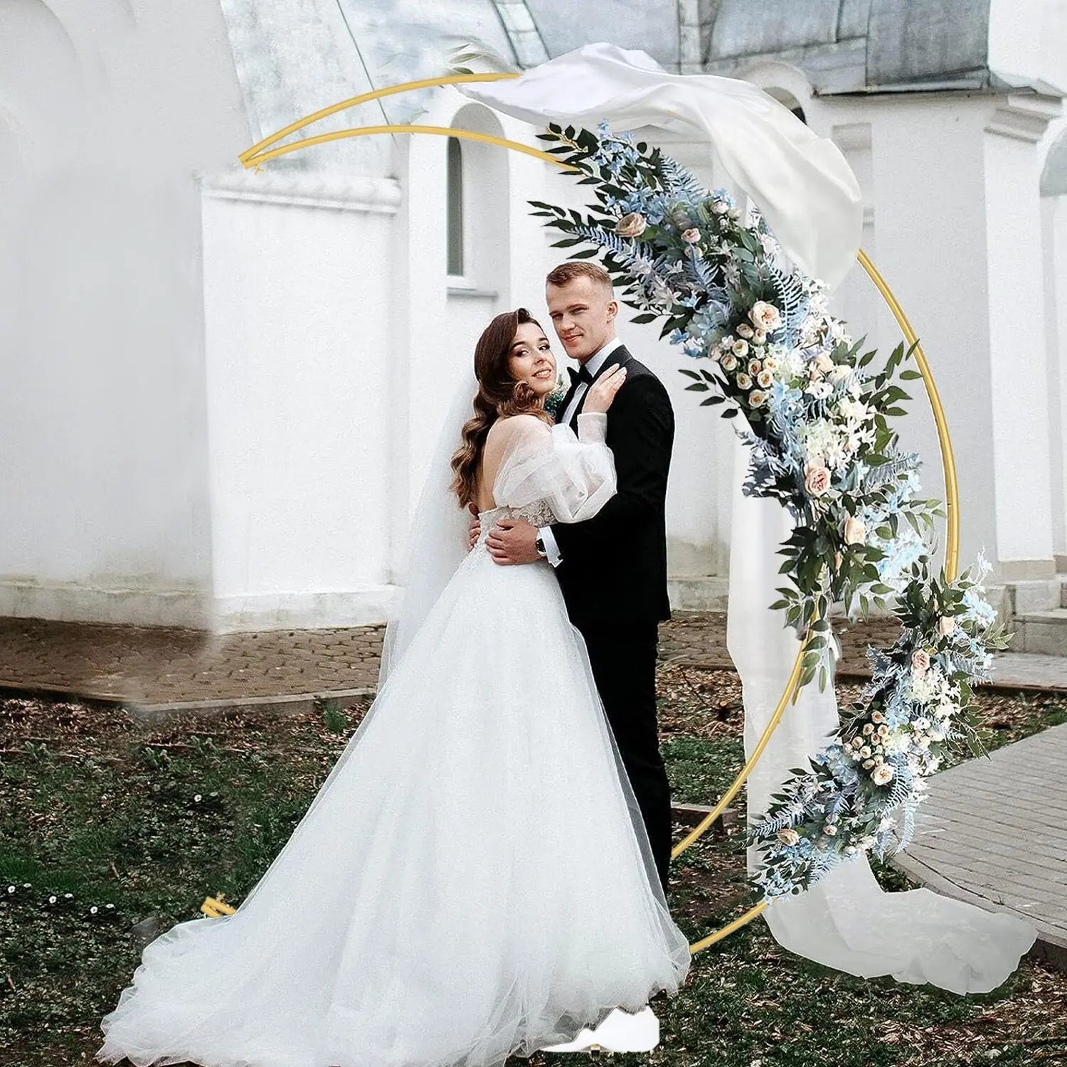 6.9ft Balloon Arch Stand Curved Wedding Arch Backdrop Stand Moon Arch for Ceremony Birthday Party(Gold) Good Vibrations