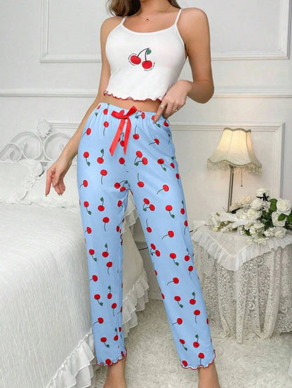 Y2K Coquette Cherry Print Pajama Set Womens Cami Crop Top Pants Two Piece Sleepwear Loungewear Summer Spring Autumn Outfits Good Vibrations